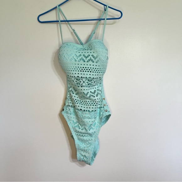 Women’s One Piece Crochet Sheer Swimsuit Button Detail Adjustable Straps Size 10 - Picture 1 of 7